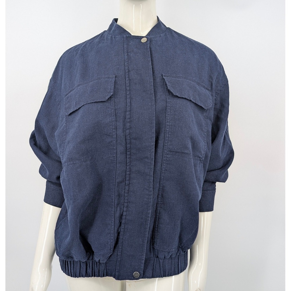 Zara Linen Blend Bomber Jacket Womens Navy Blue Utility Size S